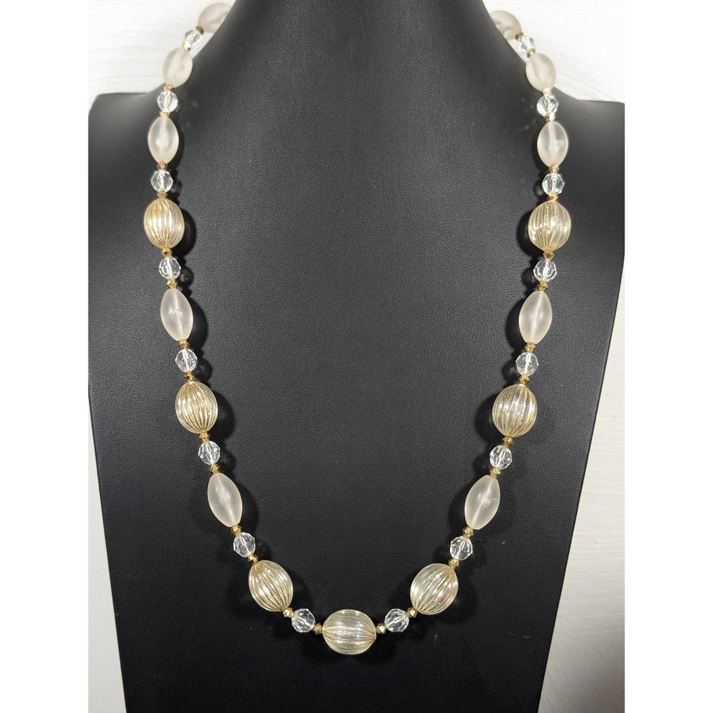 Vintage Frosted Lucite & Gold Striped Melonβ Bead Necklace 26" Long Strand